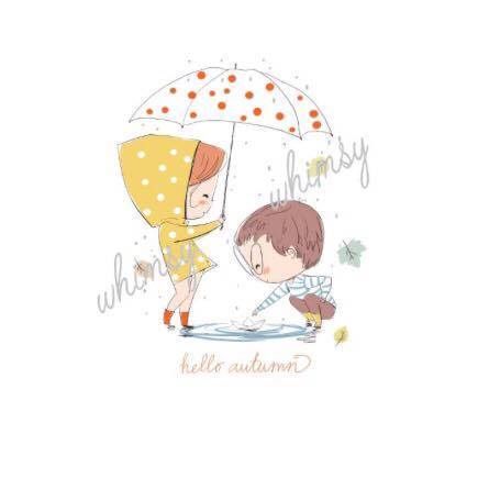N670 A Perfect Autumn Day - Hello Autumn - Girl And Boy With Umbrella Child Panel